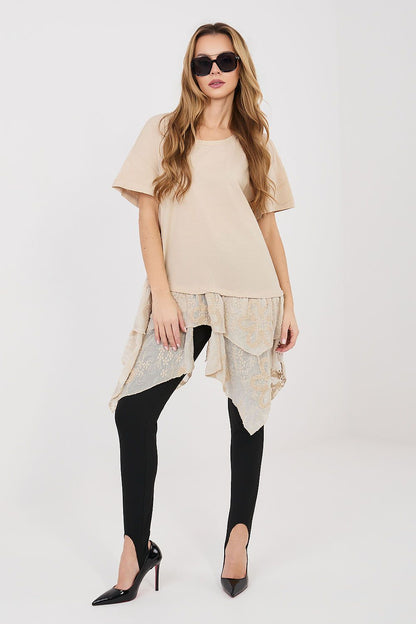 beige short sleeve mini blouse front view