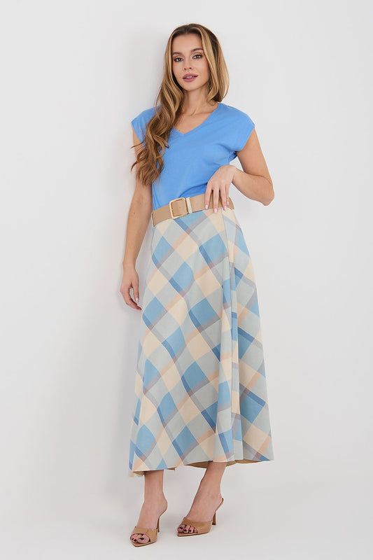 blue flared belted long skirt front view