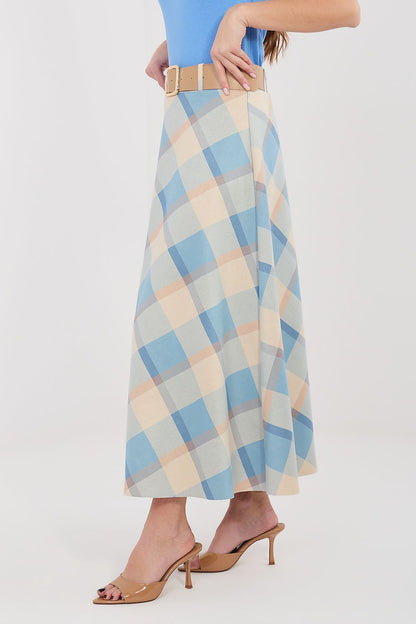 blue flared belted long skirt alternate angle