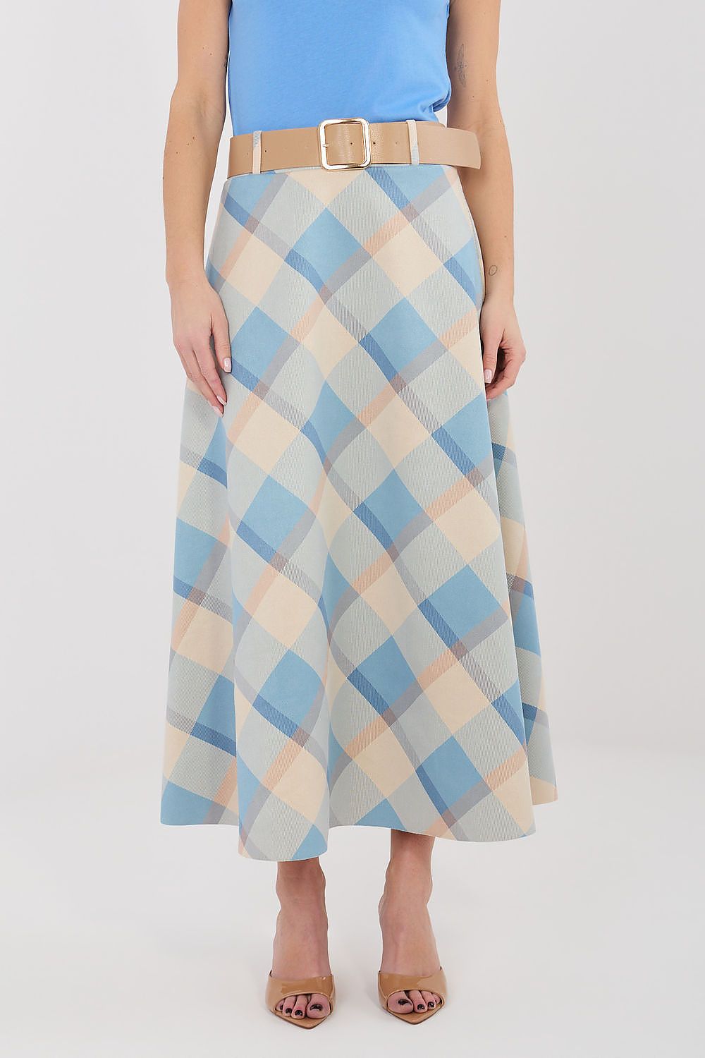 blue flared belted long skirt detail view