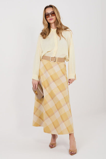 blue flared belted long skirt side view