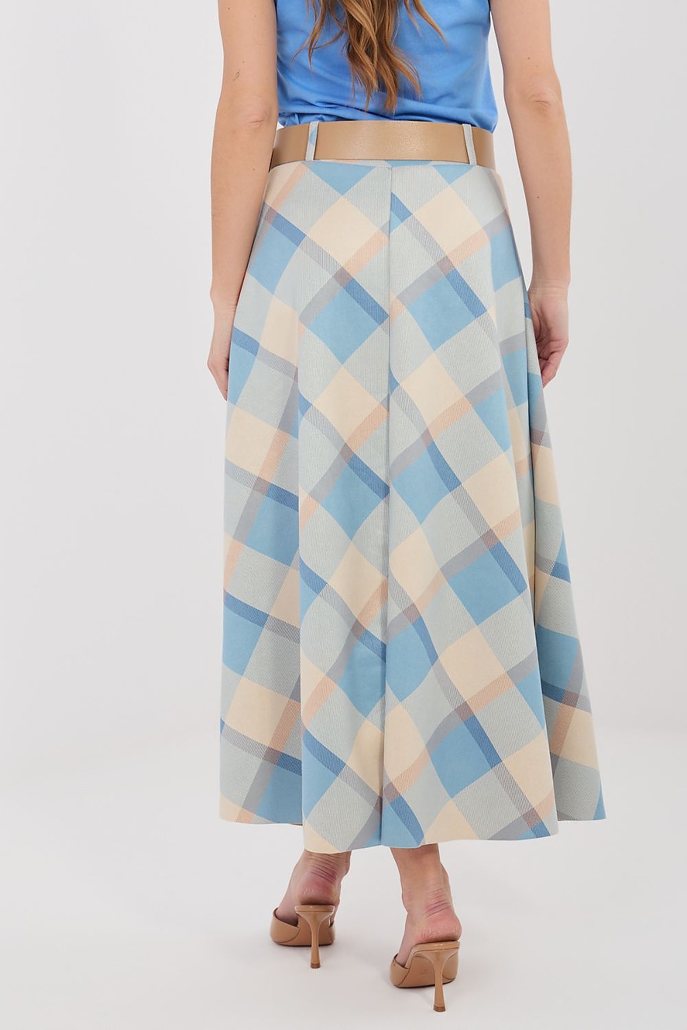blue flared belted long skirt back view