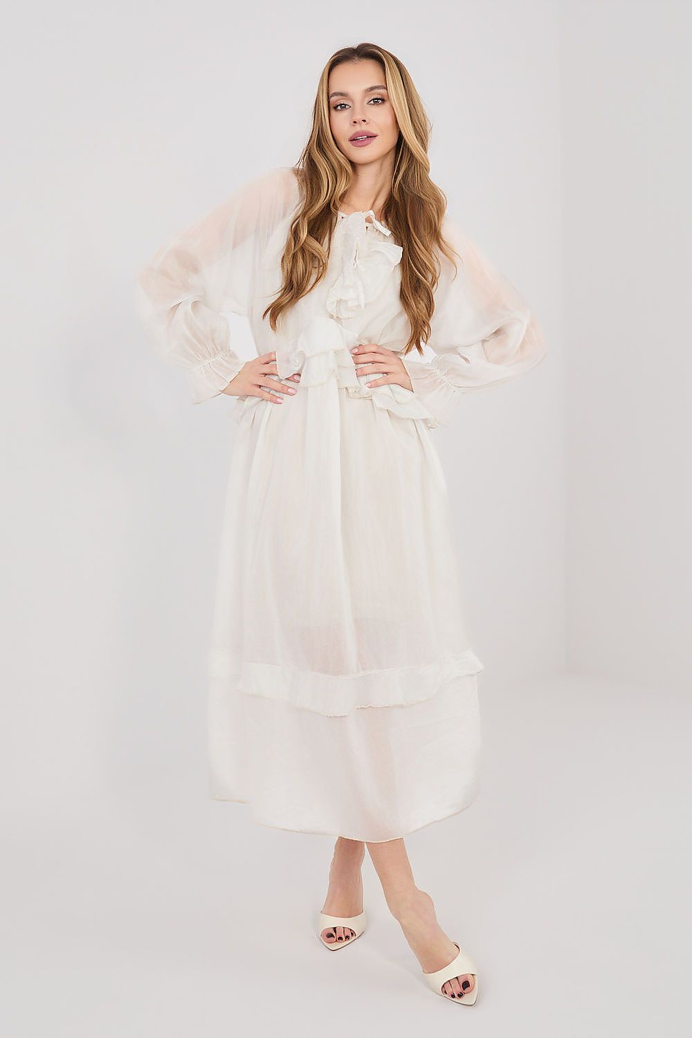 beige ruffle midi day dress front view