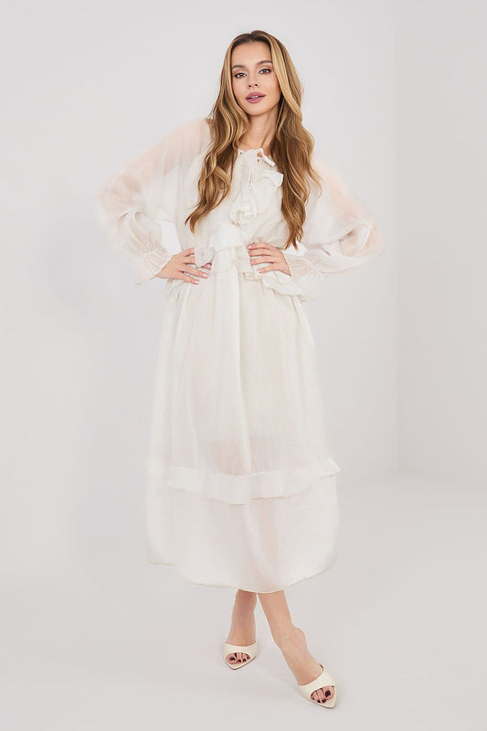 beige ruffle midi day dress front view