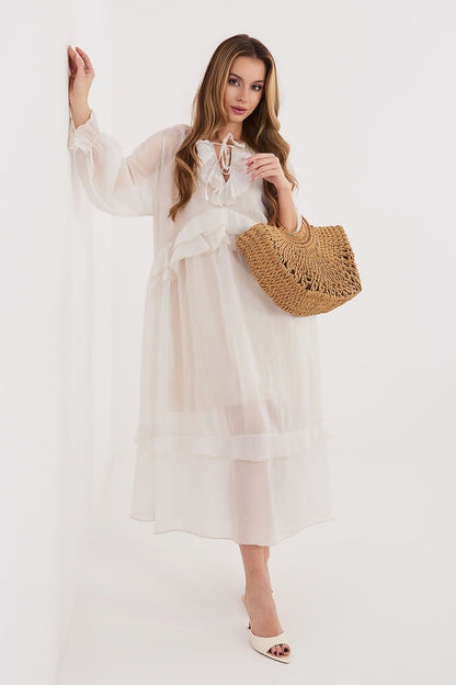 beige ruffle midi day dress alternate angle