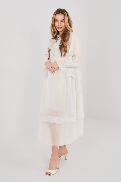 beige ruffle midi day dress detail view