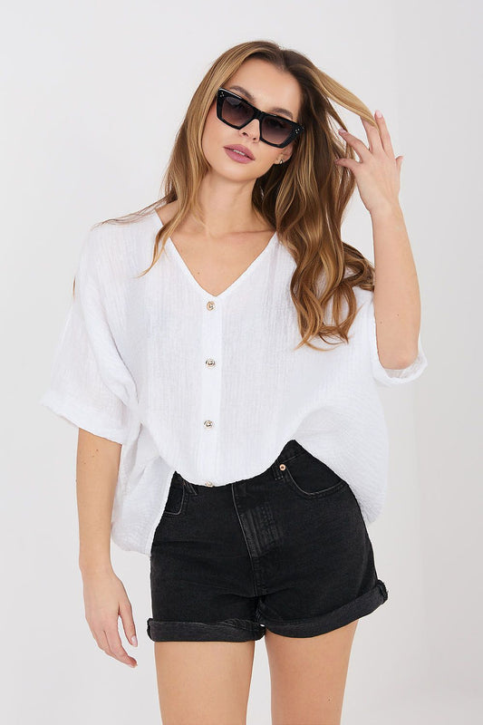 white short sleeve v-neck short sleeve shirt front view
