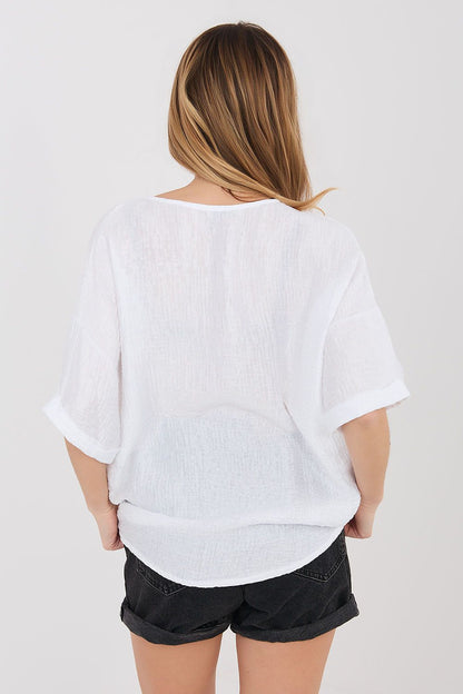 white short sleeve v-neck short sleeve shirt detail view