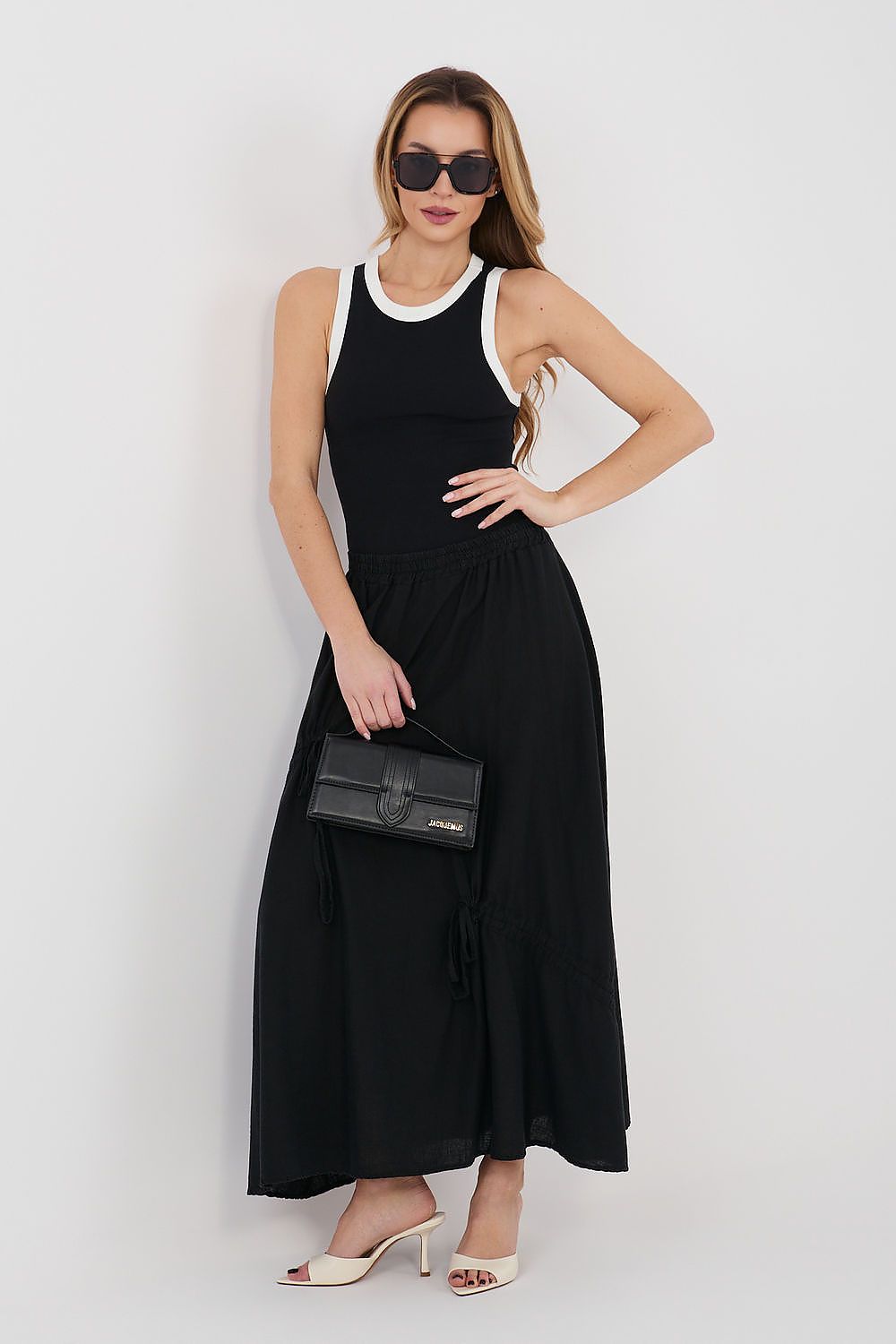 black mini long skirt front view