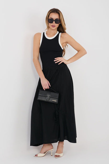 black mini long skirt front view