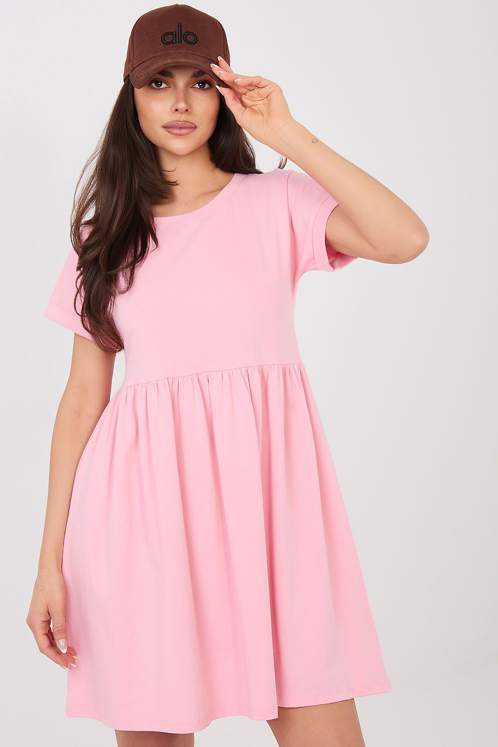 pink flared short sleeve day dress front view
