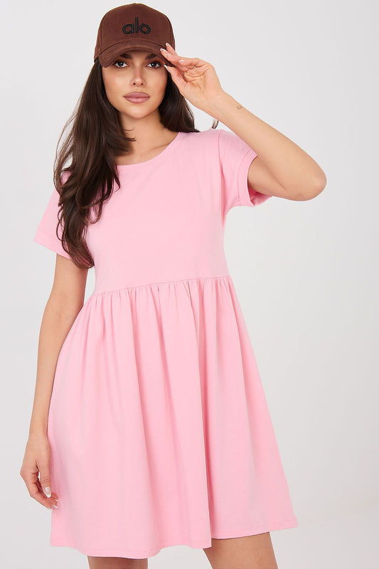 pink flared short sleeve day dress front view