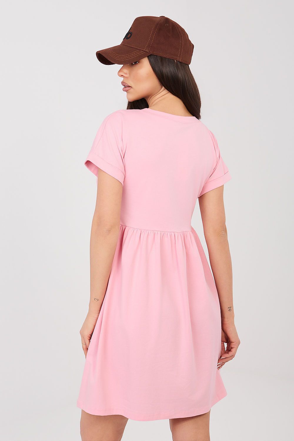 pink flared short sleeve day dress detail view