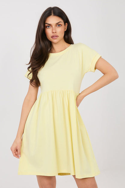 yellow flared short sleeve day dress front view