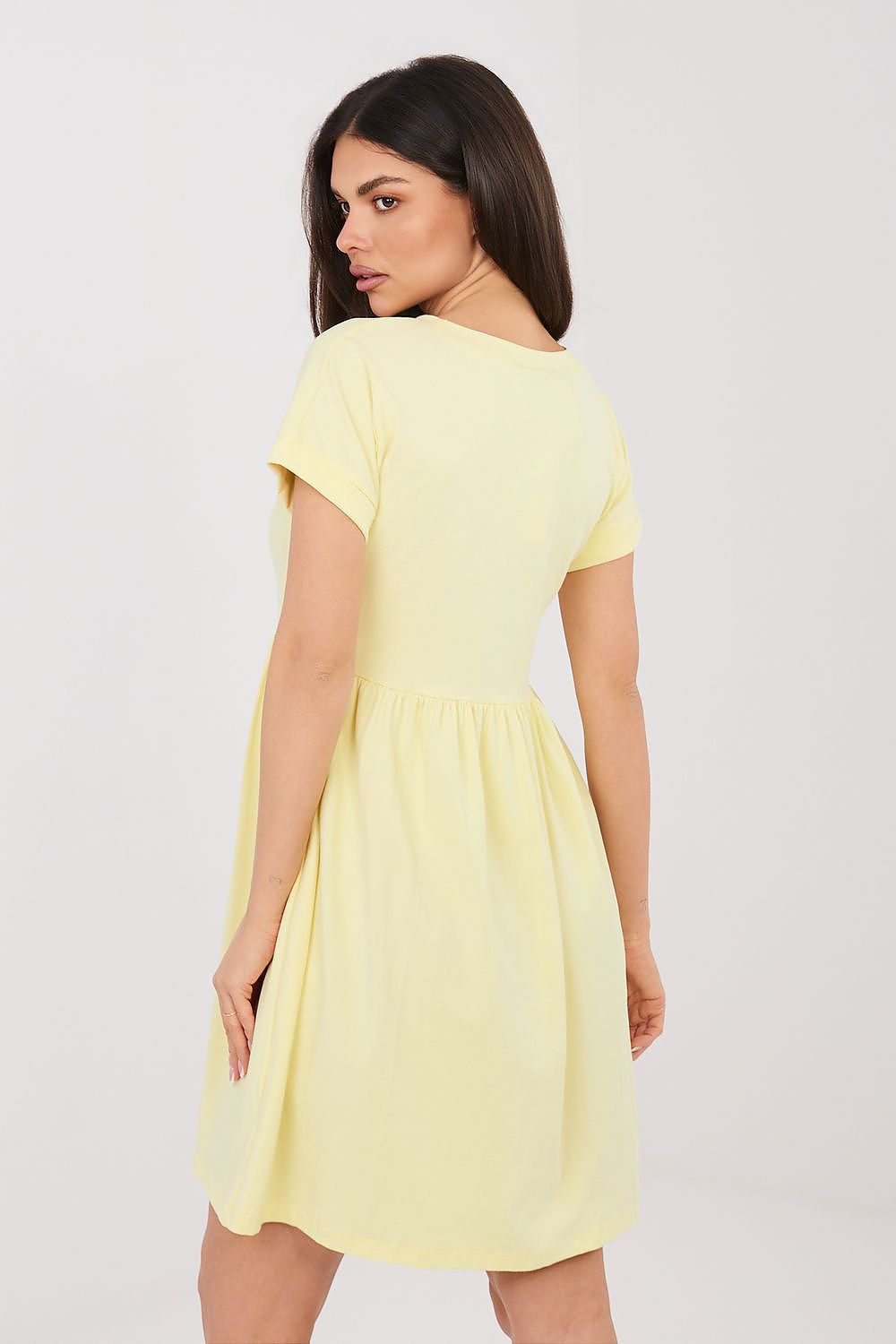 yellow flared short sleeve day dress detail view