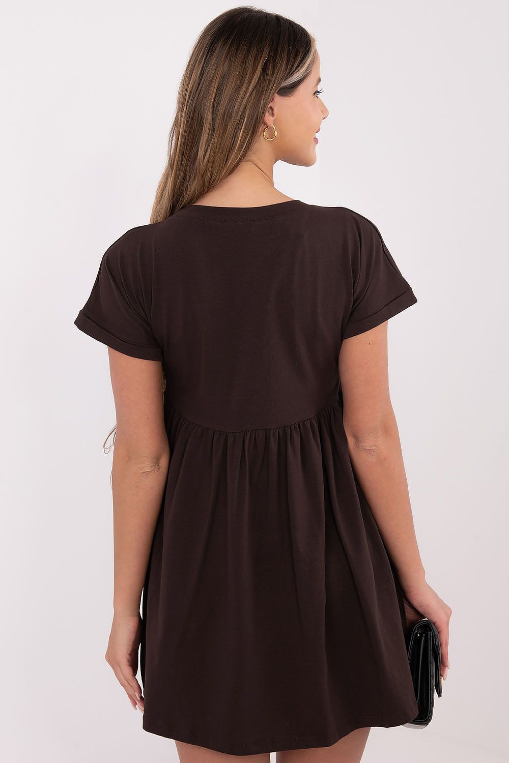 brown flared short sleeve day dress detail view