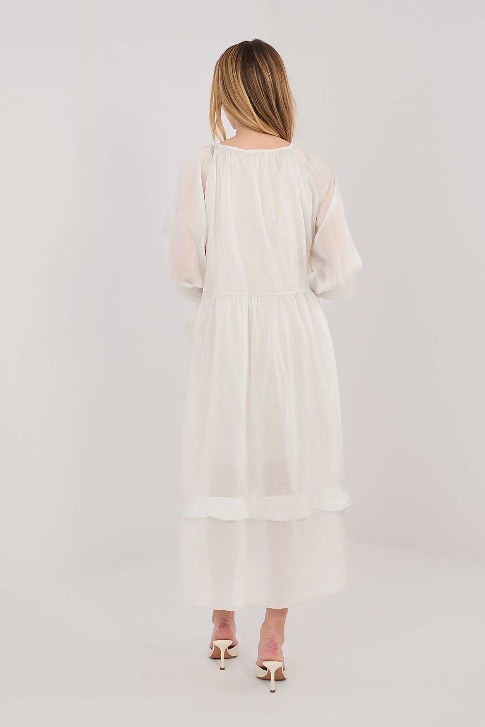 beige ruffle midi day dress back view