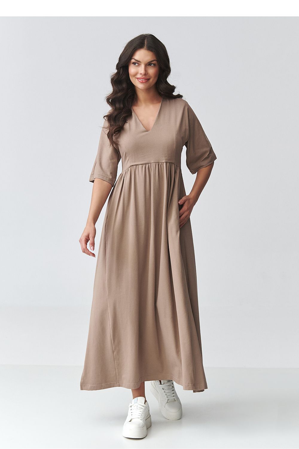 brown short sleeve v-neck day dress front view
