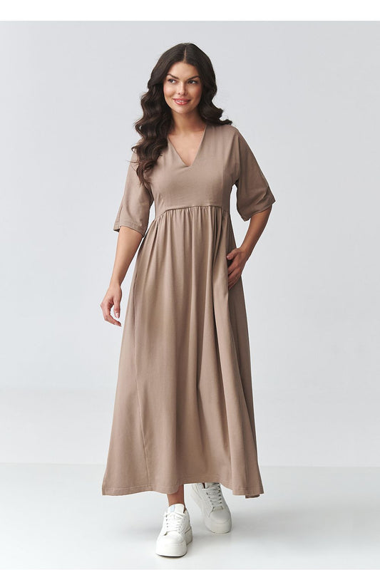 brown short sleeve v-neck day dress front view
