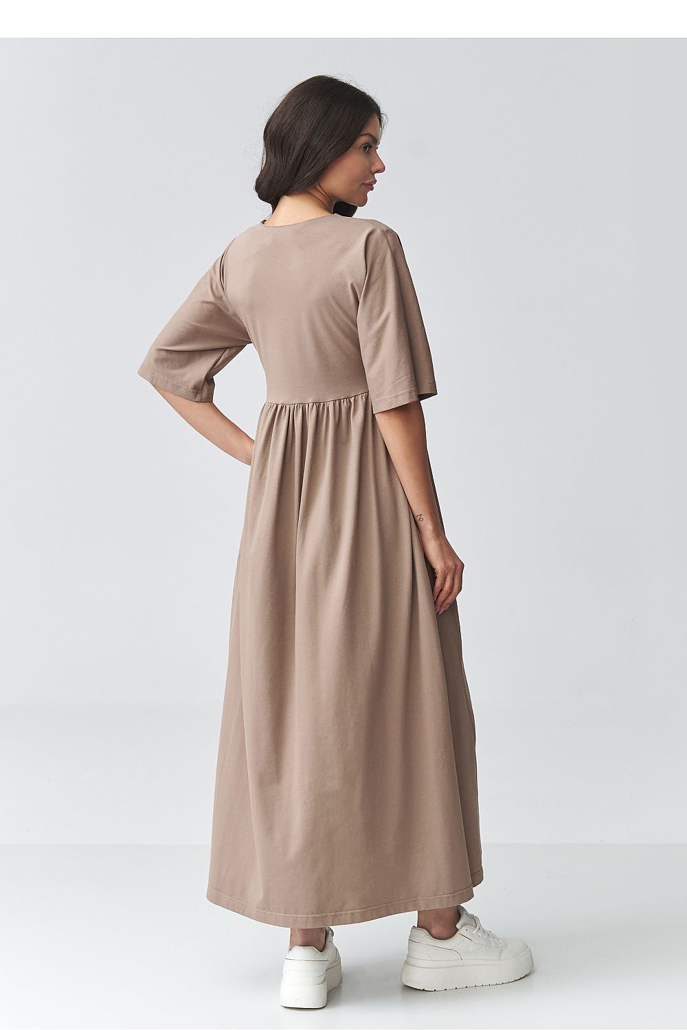 brown short sleeve v-neck day dress detail view