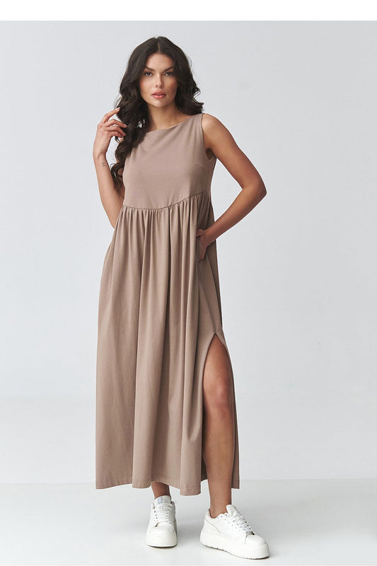 brown flared maxi day dress front view