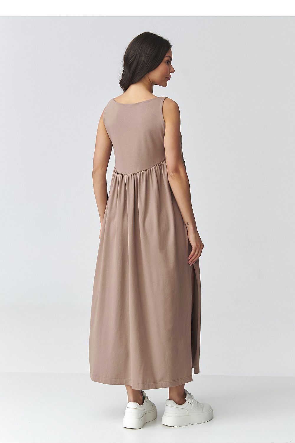 brown flared maxi day dress detail view