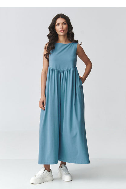 brown flared maxi day dress back view