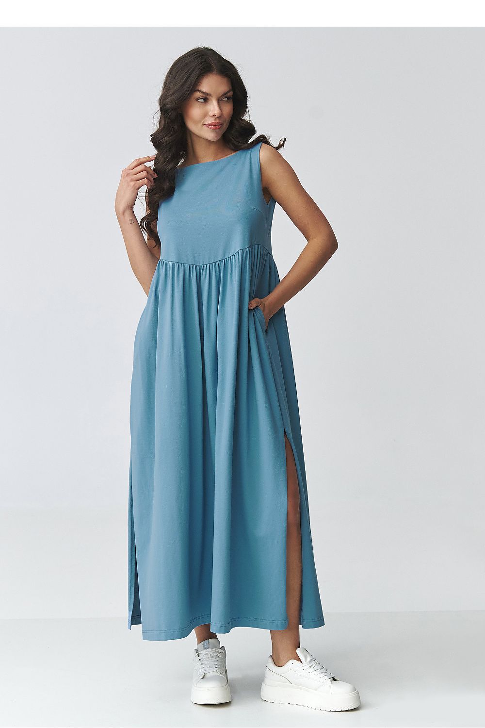 brown flared maxi day dress side view