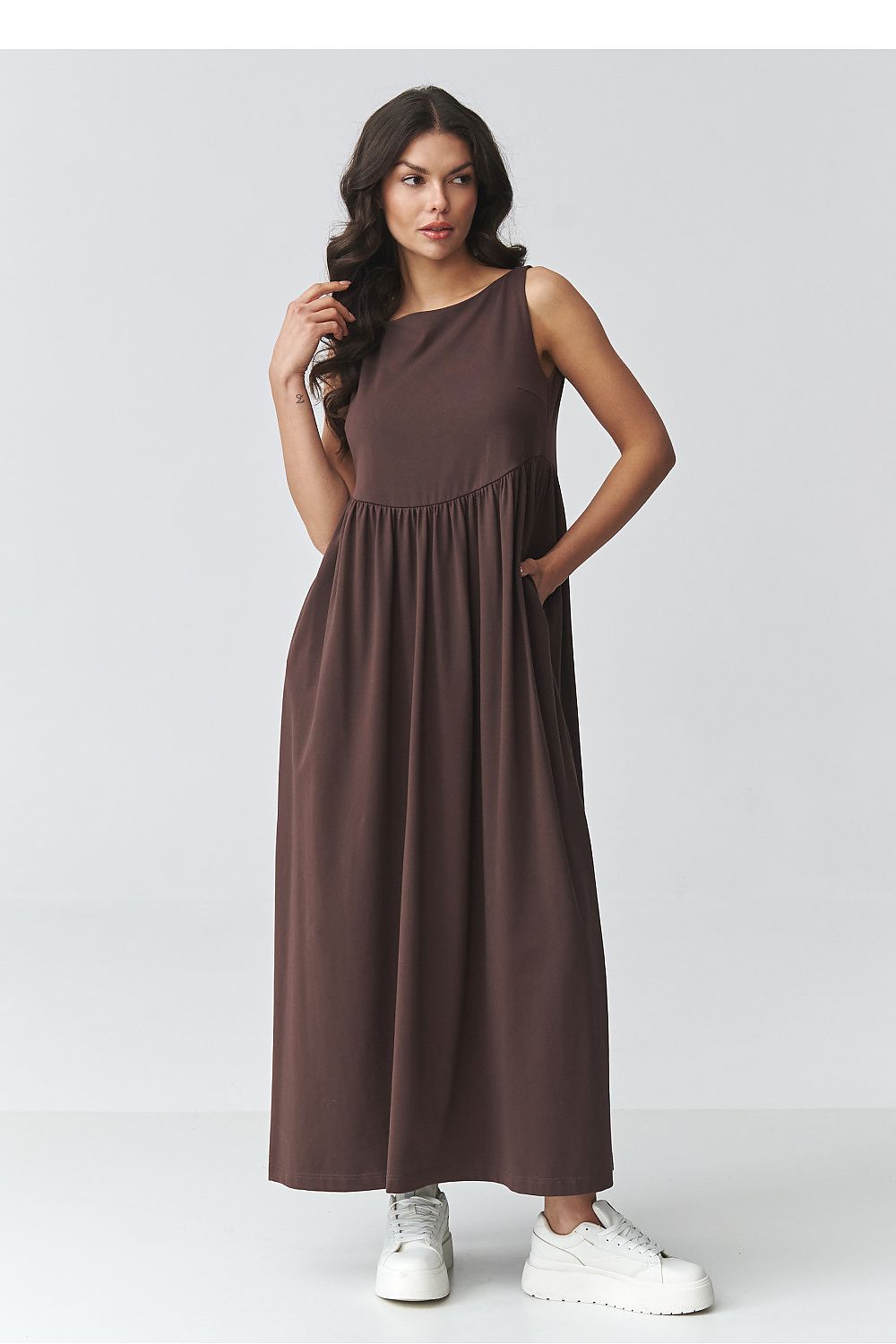 brown flared maxi day dress view 7