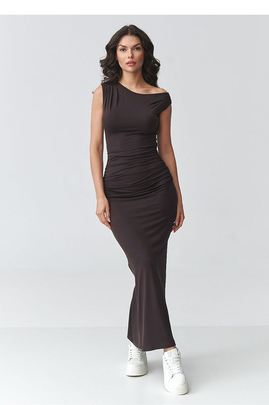 brown sleeveless mini day dress front view