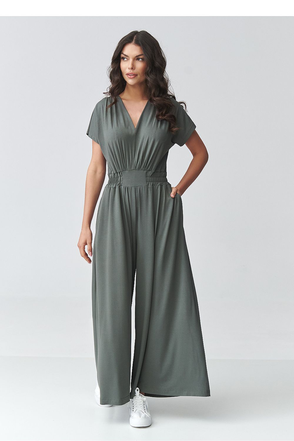 green short sleeve v-neck suit front view