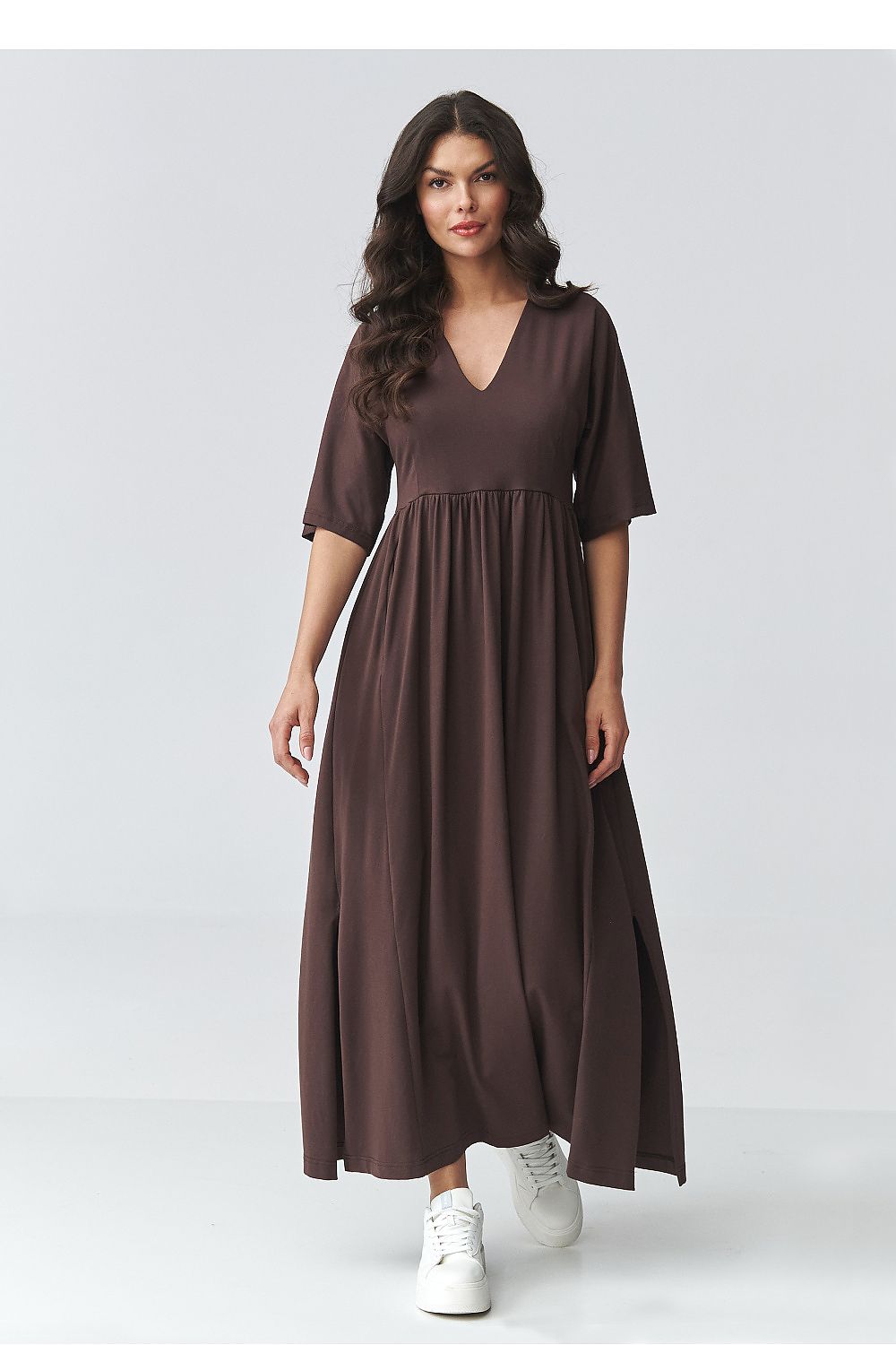 brown short sleeve v-neck day dress view 16