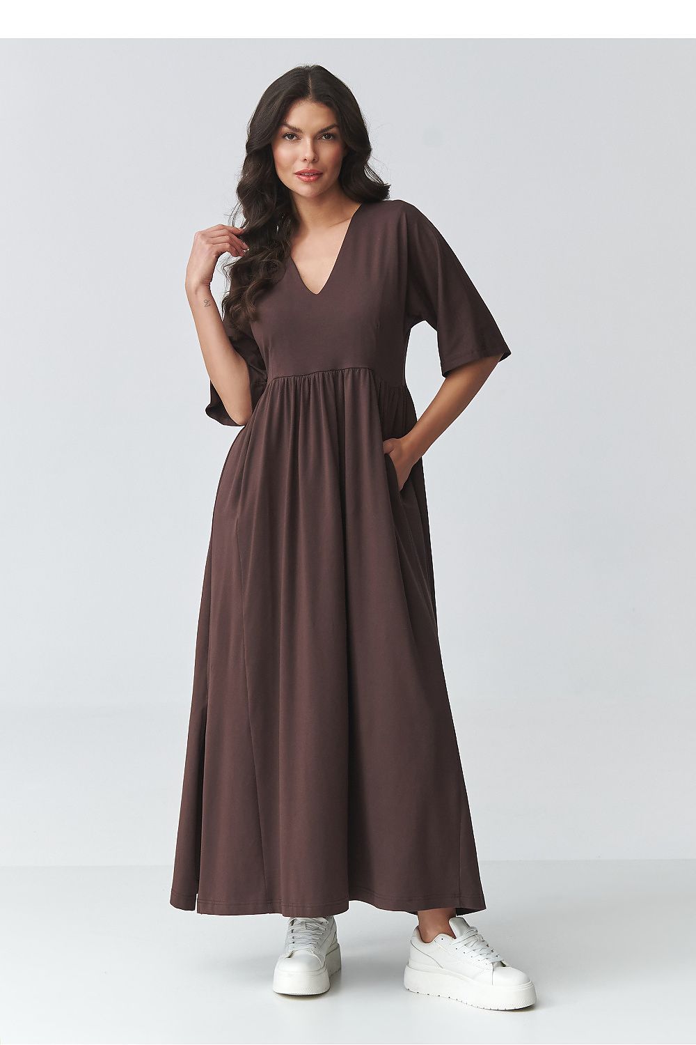 brown short sleeve v-neck day dress view 17