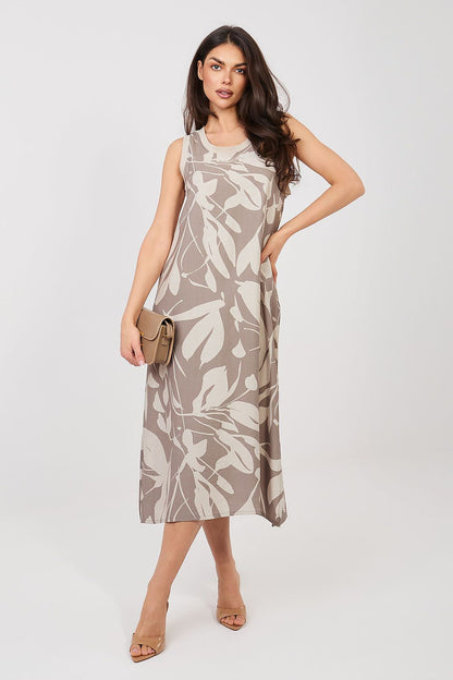 beige sleeveless midi day dress front view