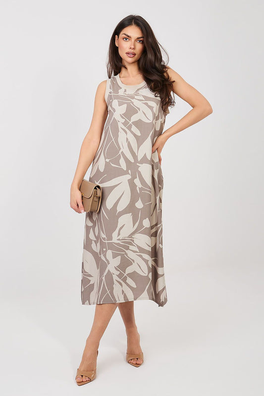 beige sleeveless midi day dress front view