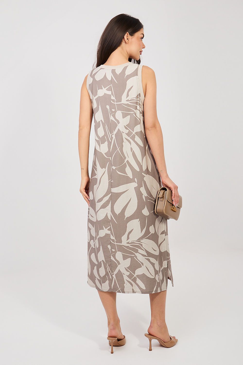 beige sleeveless midi day dress detail view