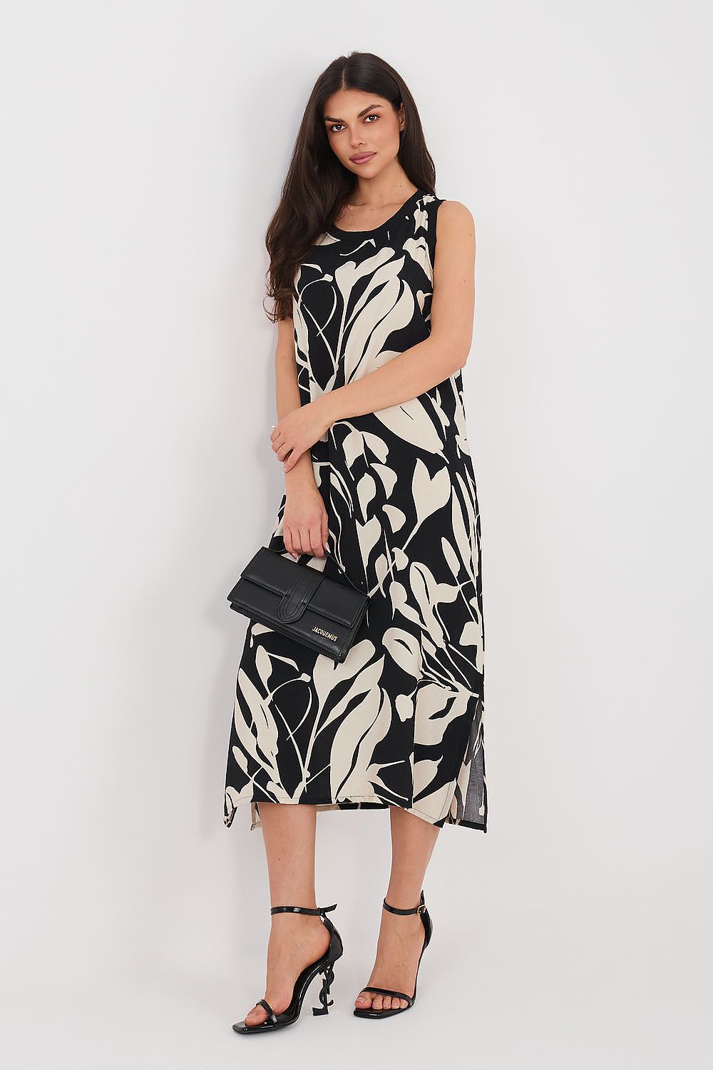 beige sleeveless midi day dress side view