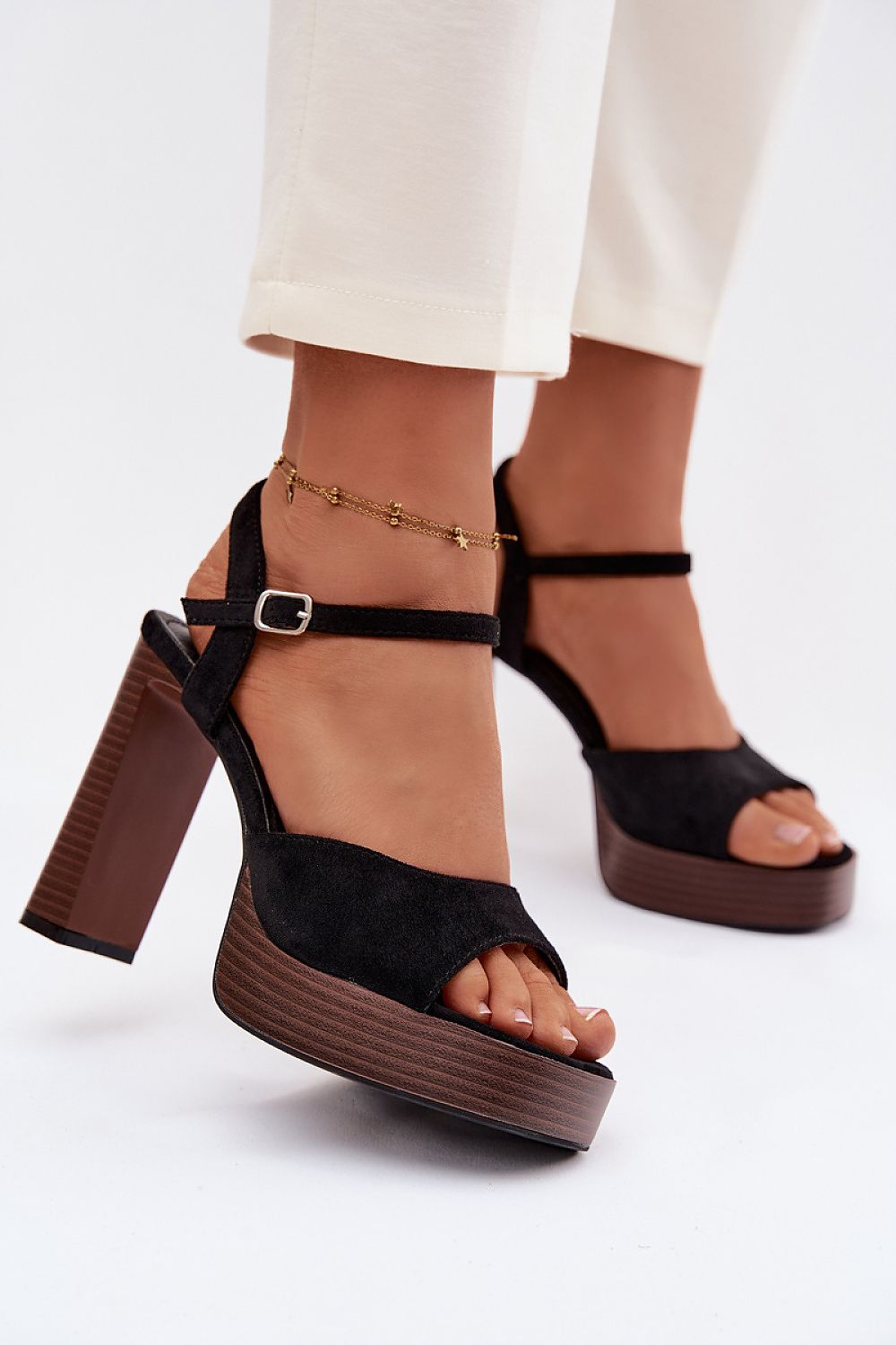 black heel sandals front view