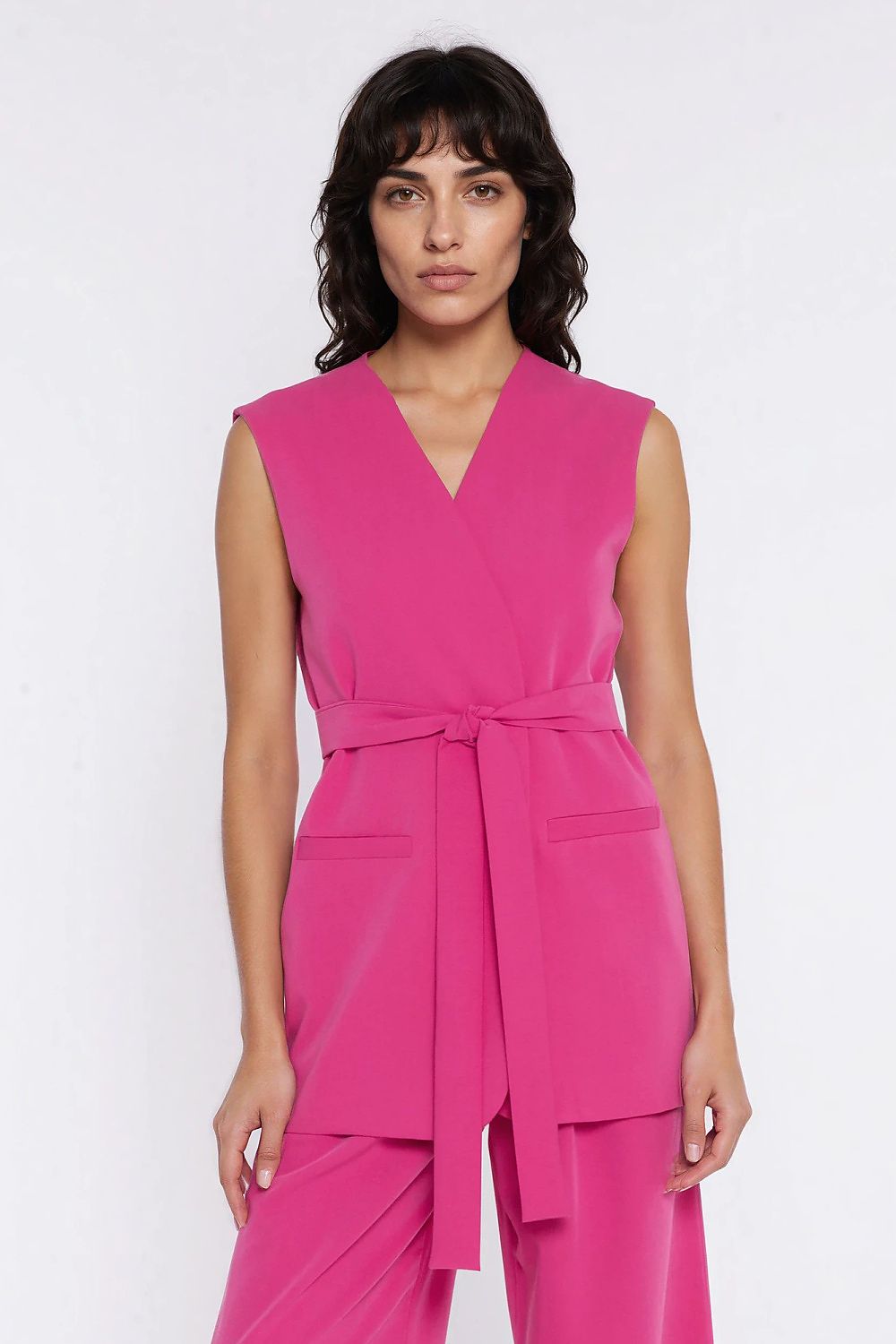 pink belted v-neck gilet front view
