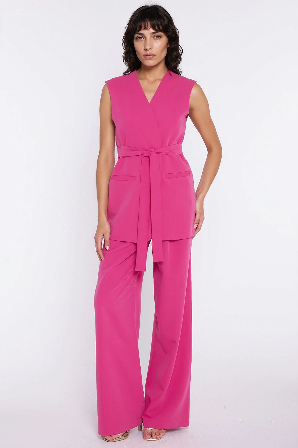 pink belted v-neck gilet alternate angle