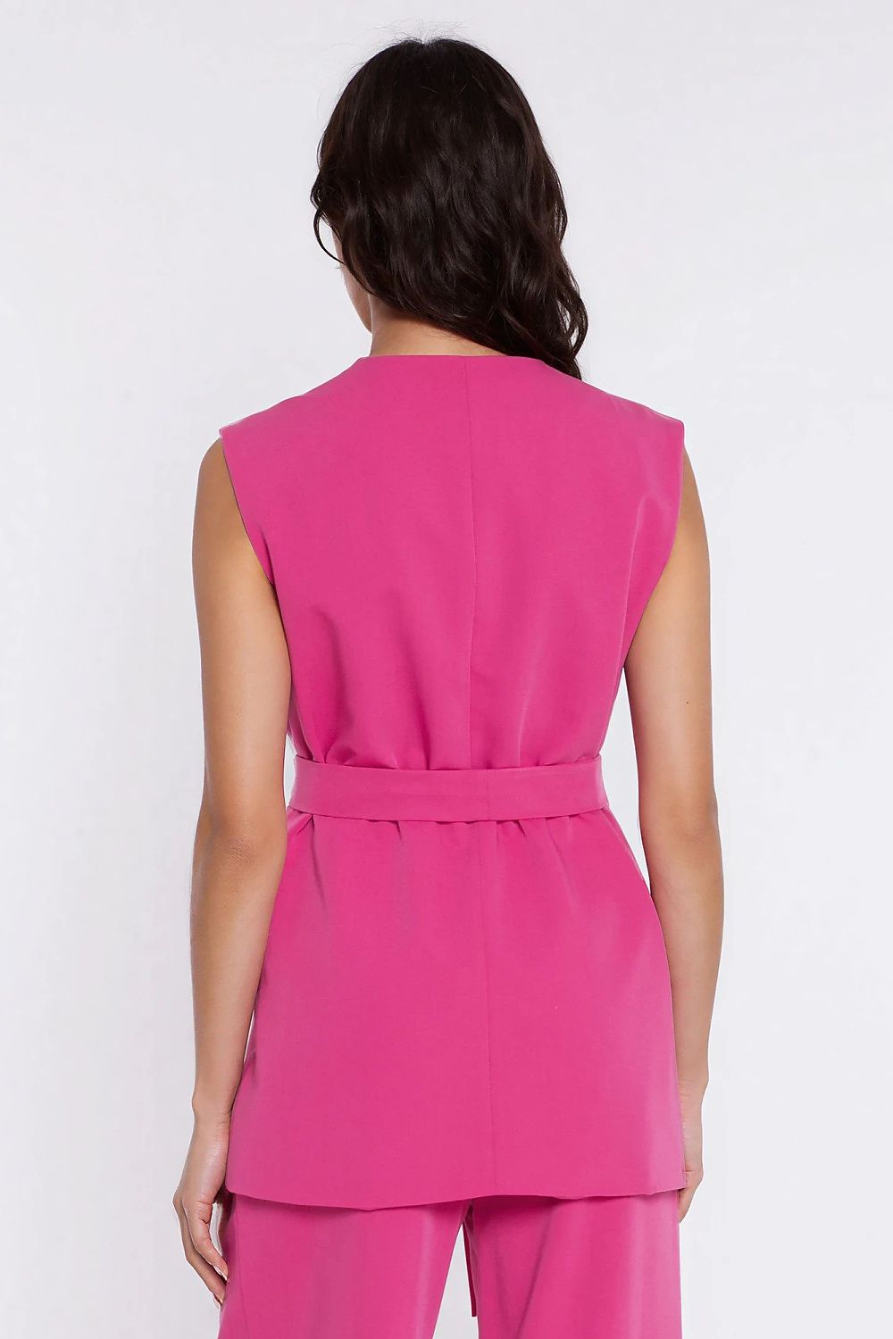 pink belted v-neck gilet detail view