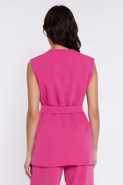 pink belted v-neck gilet detail view
