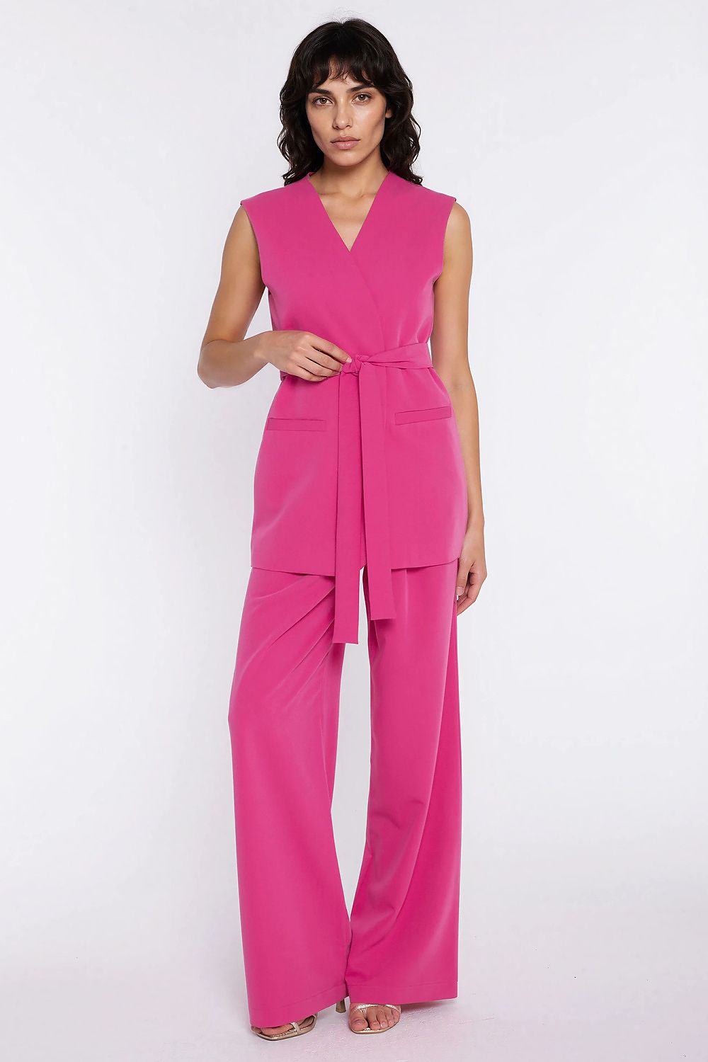 pink belted v-neck gilet back view