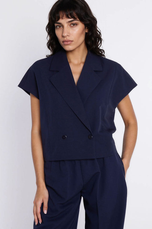 navy blue short sleeve jacket front view