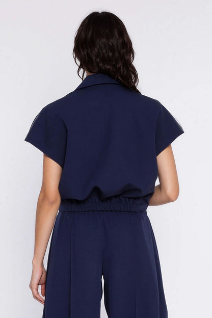 navy blue short sleeve jacket detail view
