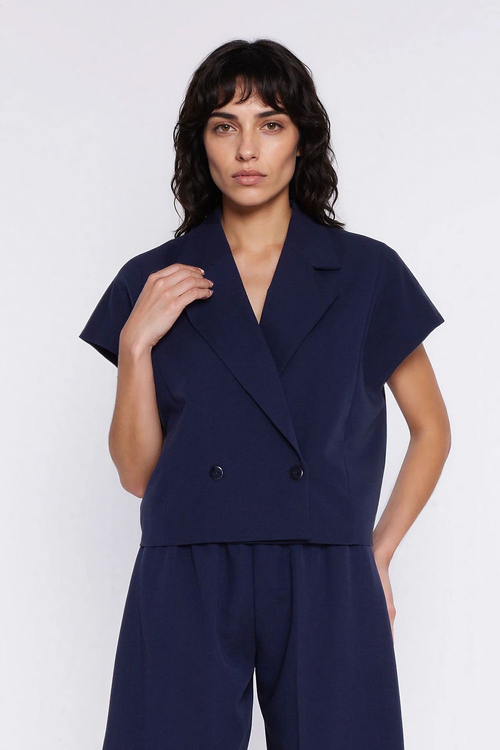navy blue short sleeve jacket back view