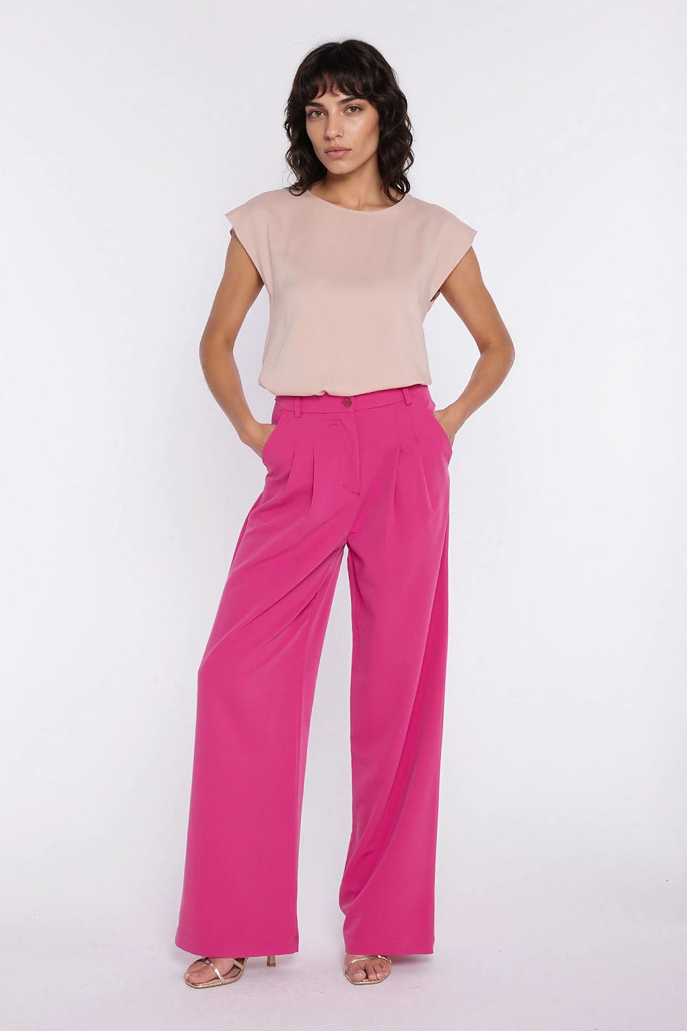 pink belted women trousers back view