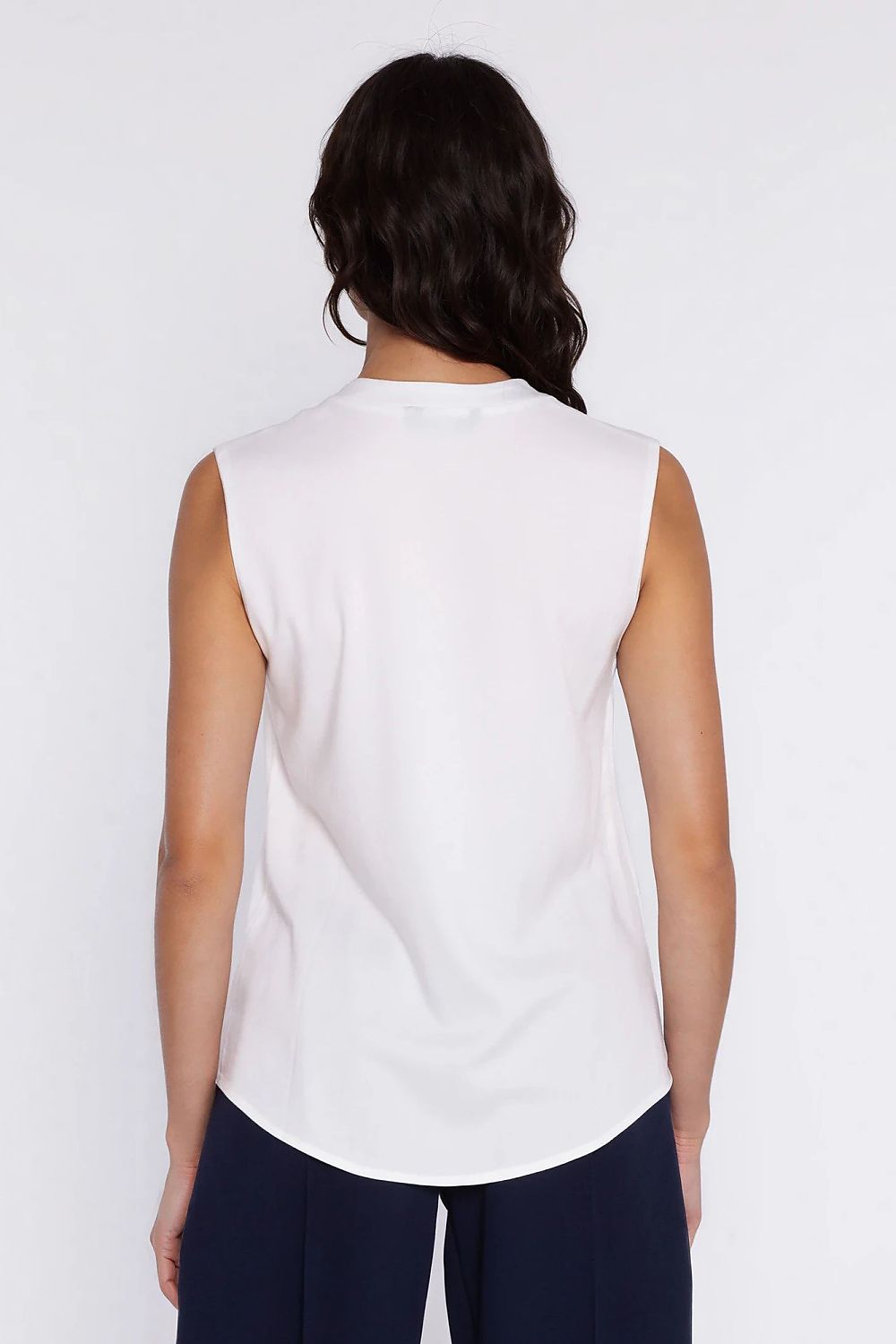 beige sleeveless v-neck blouse detail view