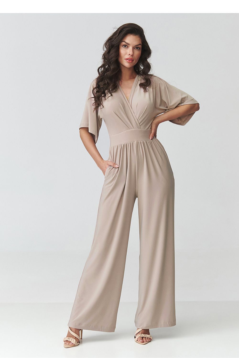 beige wrap short sleeve suit front view