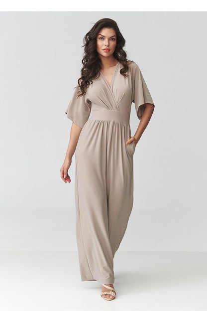 beige wrap short sleeve suit alternate angle